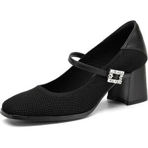 🆕Women Black Mid Block Heel Buckle Strap Pumps Comfortable Square Toe Shoes